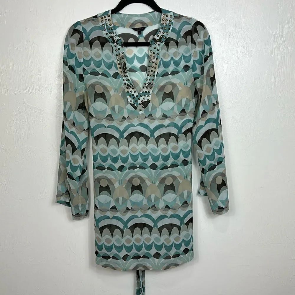 Ted Baker London Long Sleeve Tie Waist Geo Print Studded Tunic Cover Up Size S